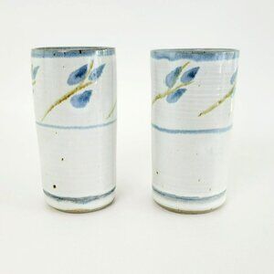 Handcrafted Ceramic Stoneware 16fl. oz. Tumblers or Vases (2), Blue Leaf, Signed